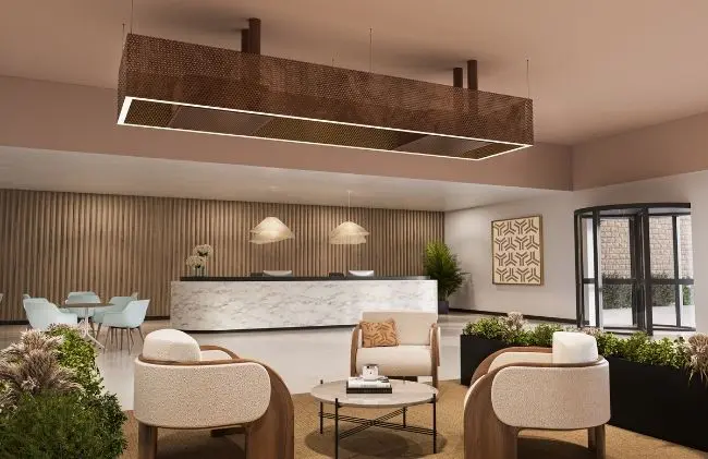 2 Artus Air AR60s integrated into a lighting fixture of a hotel lobby space