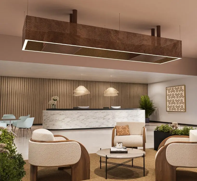 2 Artus Air AR60s integrated into a lighting fixture of a hotel lobby space
