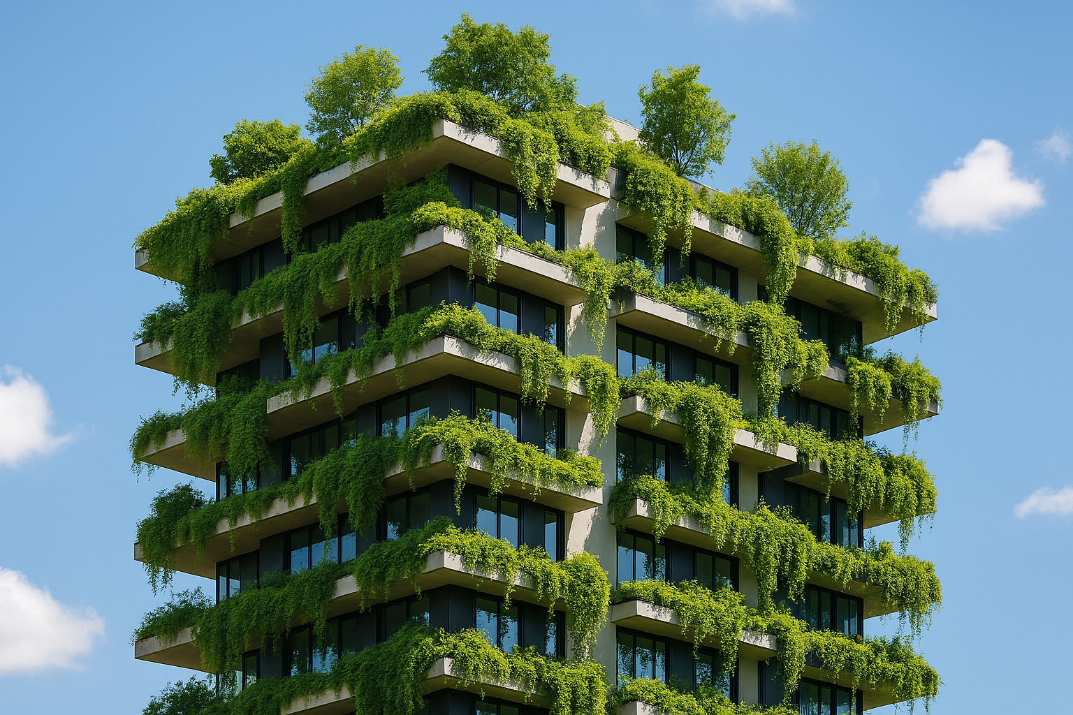 AI generated image of a modern building covered in greenery, with plants hanging from balconies and trees growing on the rooftop under a clear blue sky.