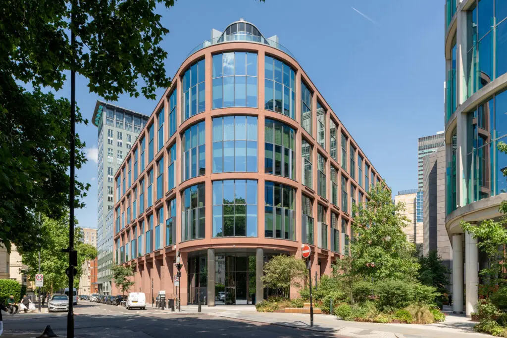 Modern office building at 20 Triton Street, Regent’s Place, London, showcasing sustainable architecture and glass façade