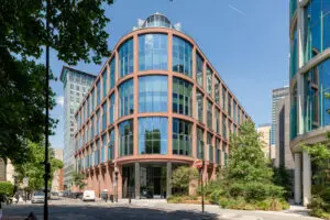 Modern office building at 20 Triton Street, Regent’s Place, London, showcasing sustainable architecture and glass façade