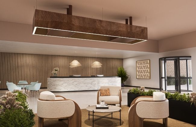 2 Artus Air AR60s integrated into a lighting fixture of a hotel lobby space