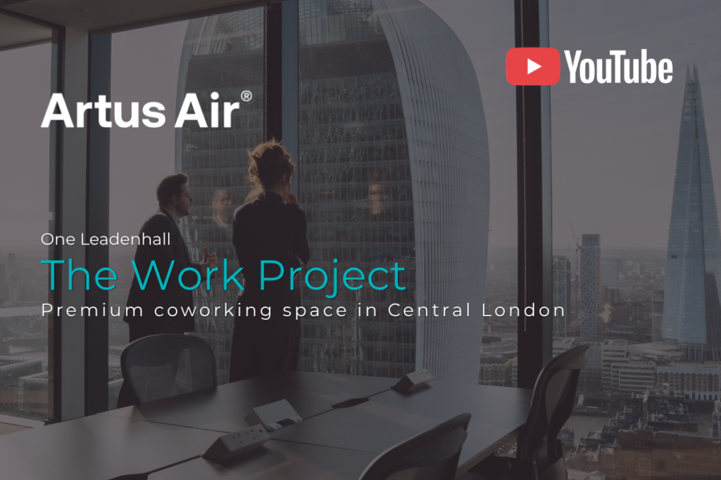 Two professionals looking out over the London skyline from a meeting room at One Leadenhall, with The Work Project branding overlay.