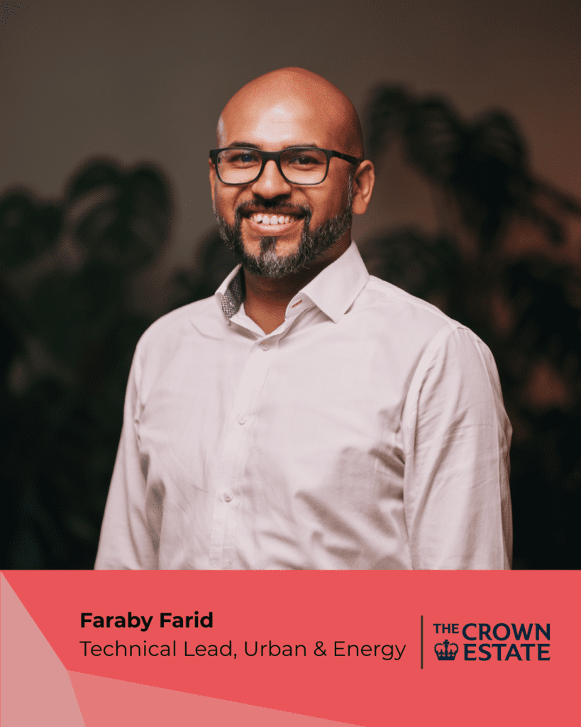 Faraby Farid, Technical Lead, Urban & Energy at The Crown Estate, smiling in a white shirt.